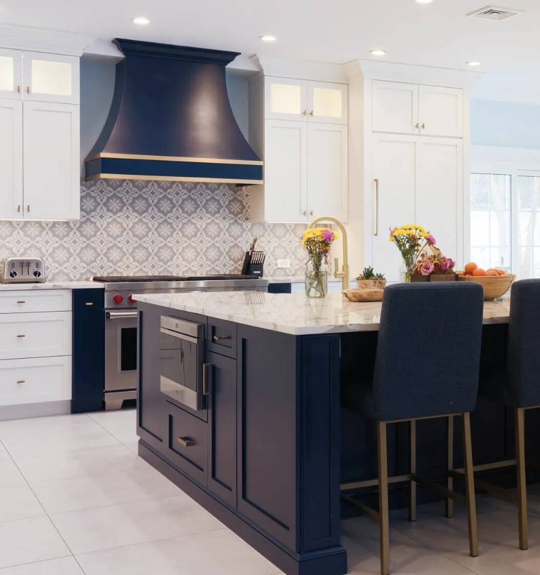 Island unit with complimentary blue and gold counter height stools
